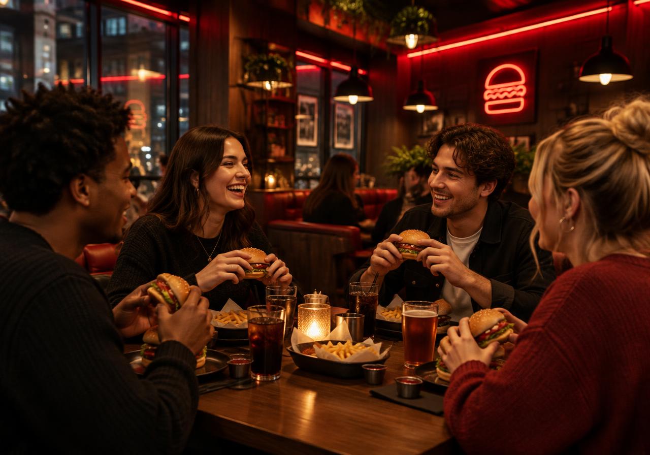 Friends sharing burgers and fries at Crescent Cafe